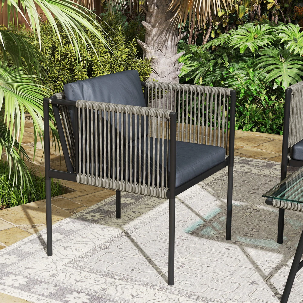 Lauko baldų komplektas „Outsunny“ polirango sodo baldų komplektas, poilsio baldų rinkinys su 2 vietų sofa, foteliu, stikliniu stalu, pagalvėlėmis, atsparus oro sąlygoms, balkonų baldai 4 asmenims, lauko sėdimoji grupė, terasos baldai sodui, balkonui, pilkas