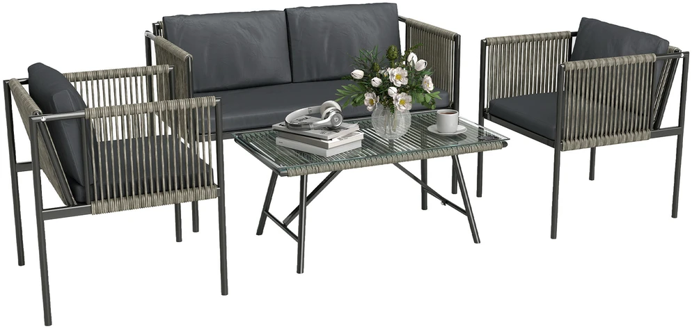 Lauko baldų komplektas „Outsunny“ polirango sodo baldų komplektas, poilsio baldų rinkinys su 2 vietų sofa, foteliu, stikliniu stalu, pagalvėlėmis, atsparus oro sąlygoms, balkonų baldai 4 asmenims, lauko sėdimoji grupė, terasos baldai sodui, balkonui, pilkas