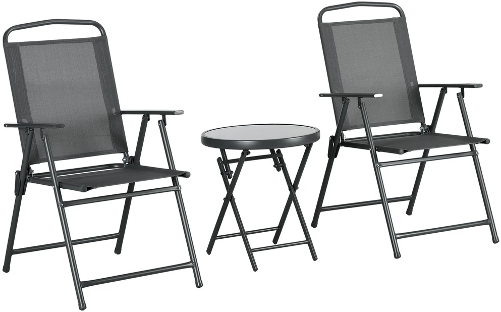 Lauko baldų komplektas Outsunny 3 dalių metalinis bistro komplektas, atsparus oro sąlygoms, su sulankstomu stikliniu stalu ir kėdėmis, sodui, balkonui, tamsiai pilkas