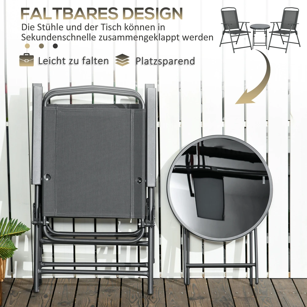 Lauko baldų komplektas Outsunny 3 dalių metalinis bistro komplektas, atsparus oro sąlygoms, su sulankstomu stikliniu stalu ir kėdėmis, sodui, balkonui, tamsiai pilkas