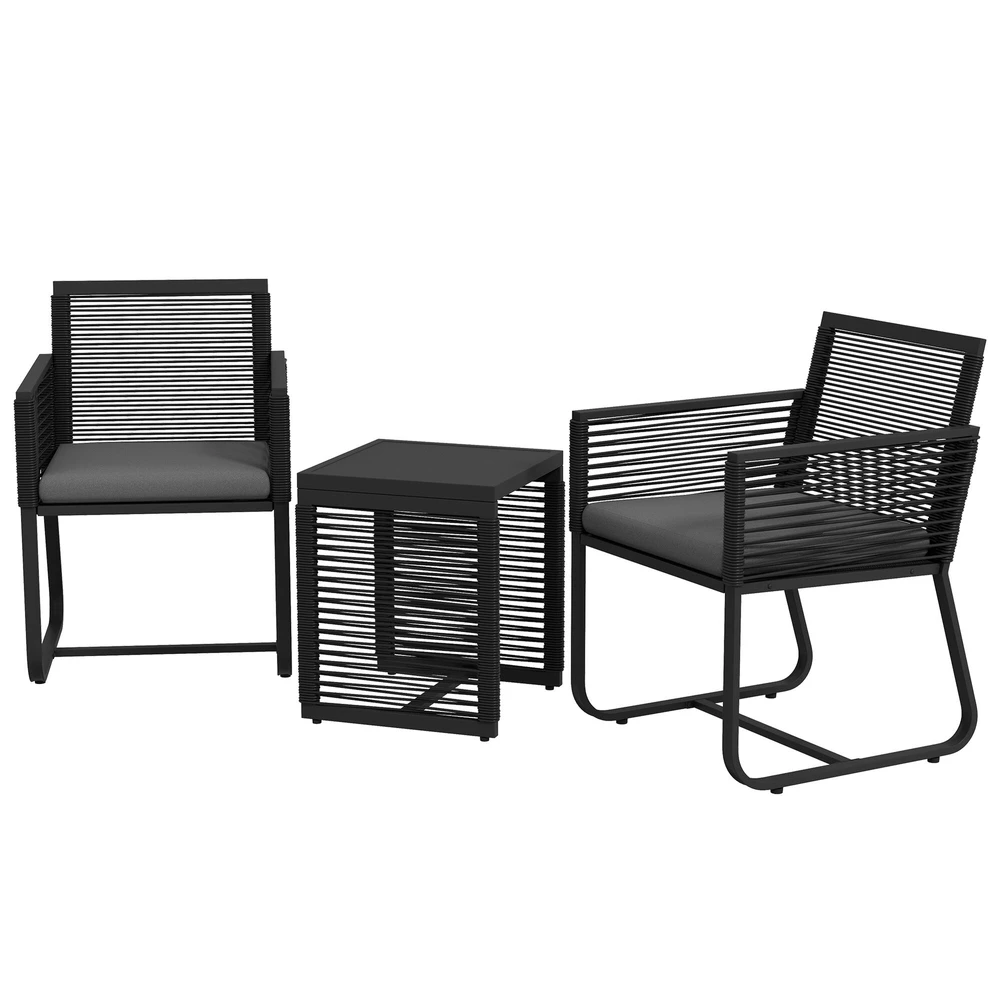 Lauko baldų komplektas Outsunny 3 dalių rotango sodo baldų komplektas, sėdimoji grupė, sodo baldų rinkinys su 2 sodo kėdėmis, šoniniu staliuku su grūdinto stiklo stalviršiu, pagalvėlėmis, balkonui, juodas