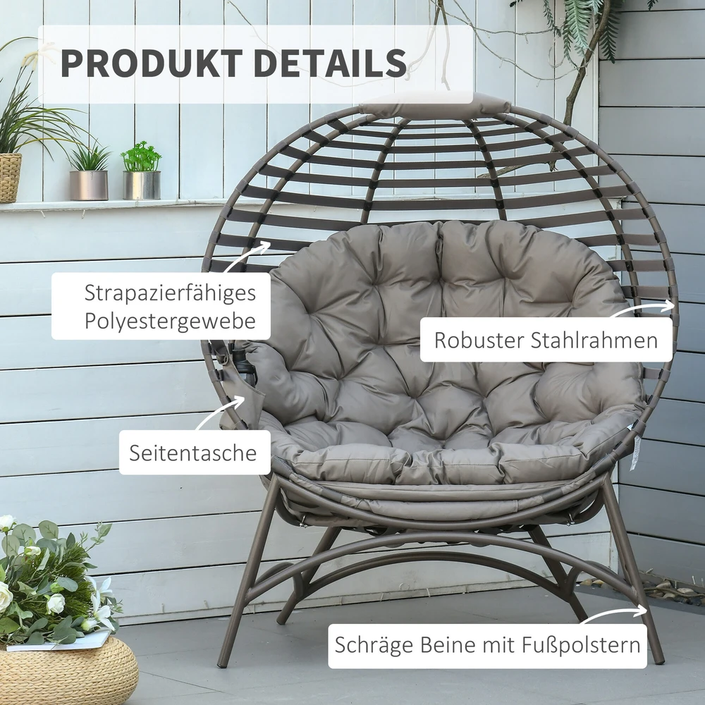 Outsunny Papasan sodo kėdė, 2 krepšiai, pagalvėlė, ovalus poilsio krėslas, sulankstomas, balkonui, terasai, smėlio spalvos, plienas, 118x75x139 cm