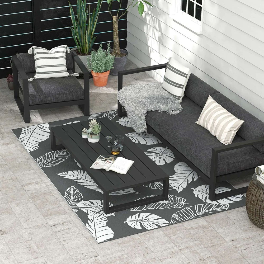 Lauko kilimas Outsunny, atsparus oro sąlygoms plastikinis kilimas, dvipusis dizainas balkonui ir terasai, pilka+balta, 182x274cm
