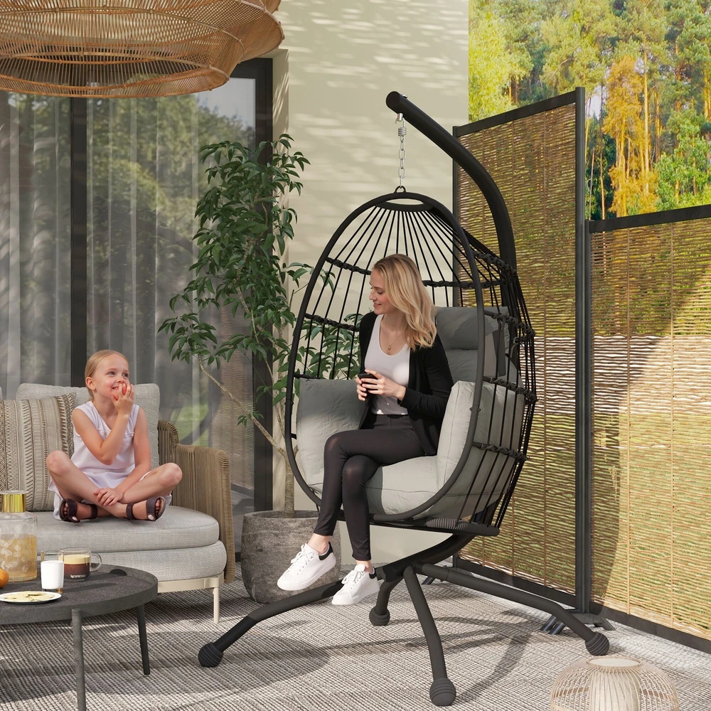 Outsunny kiaušinio formos lauko kabančioji kėdė, sulankstomos sūpynės su puodelių laikikliu, nuimamas plaunamas sėdynės užvalkalas, stovas, hamakas 1 asmeniui, supamoji kėdė terasai, sodui, juoda