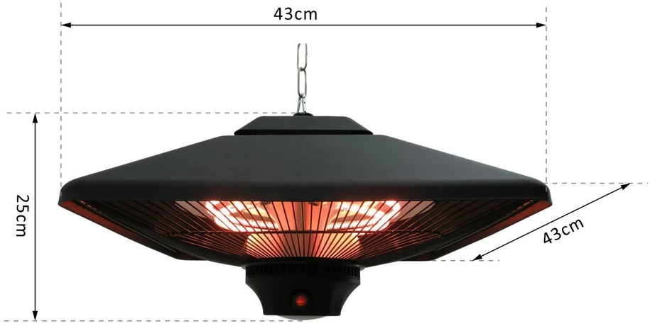 Outsunny terasos šildytuvas, montuojamas prie lubų, su nuotolinio valdymo pultu ir LED apšvietimu, 2000 W, 43x43x25 cm