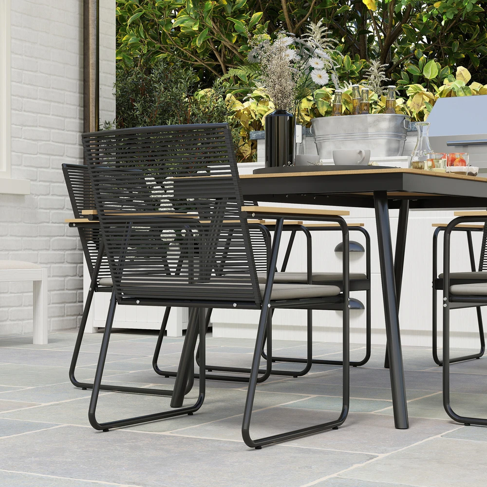 Lauko baldų komplektas Outsunny 7 dalių sėdimų baldų komplektas, metalinis valgomojo komplektas 6 asmenims, valgomasis stalas su 6 kėdėmis, virtuvės baldų komplektas su metaliniu rėmu, balkono baldai, sodo baldai terasai, natūralaus medžio spalvos