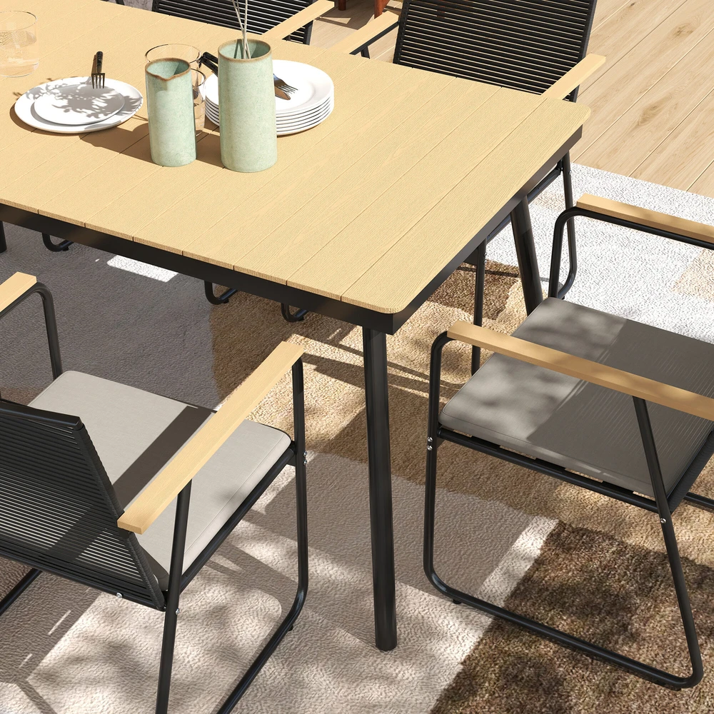 Lauko baldų komplektas Outsunny 7 dalių sėdimų baldų komplektas, metalinis valgomojo komplektas 6 asmenims, valgomasis stalas su 6 kėdėmis, virtuvės baldų komplektas su metaliniu rėmu, balkono baldai, sodo baldai terasai, natūralaus medžio spalvos