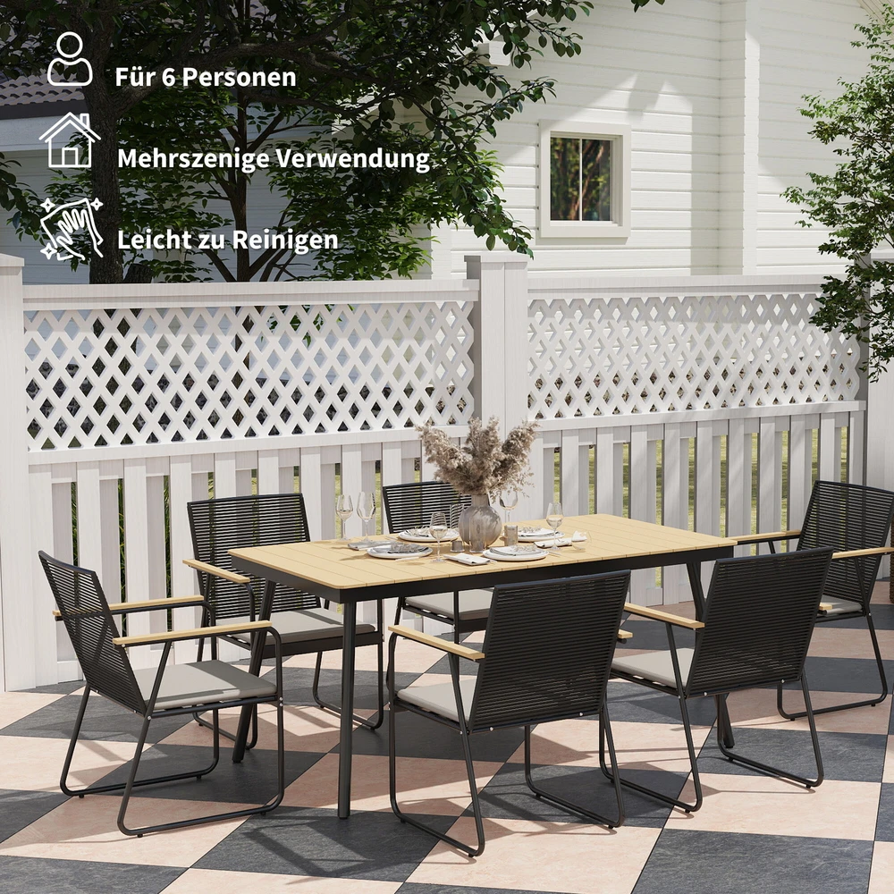 Lauko baldų komplektas Outsunny 7 dalių sėdimų baldų komplektas, metalinis valgomojo komplektas 6 asmenims, valgomasis stalas su 6 kėdėmis, virtuvės baldų komplektas su metaliniu rėmu, balkono baldai, sodo baldai terasai, natūralaus medžio spalvos