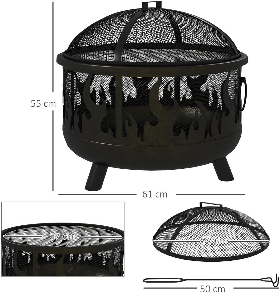 Outsunny 2-in-1 laužavietė, kepsninė su apsauga nuo žiežirbų ir grotelėmis, skirta sodui, BBQ, metalinė, juoda, Ø61x55cm