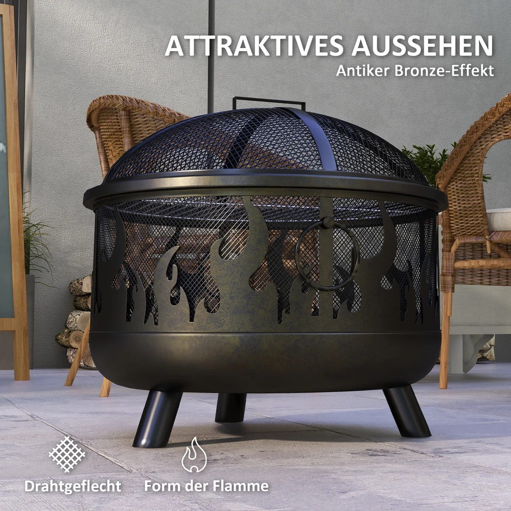 Outsunny 2-in-1 laužavietė, kepsninė su apsauga nuo žiežirbų ir grotelėmis, skirta sodui, BBQ, metalinė, juoda, Ø61x55cm