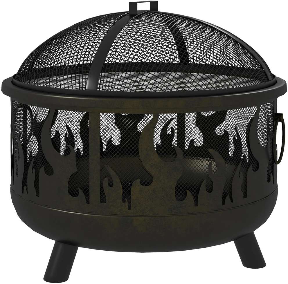 Outsunny 2-in-1 laužavietė, kepsninė su apsauga nuo žiežirbų ir grotelėmis, skirta sodui, BBQ, metalinė, juoda, Ø61x55cm