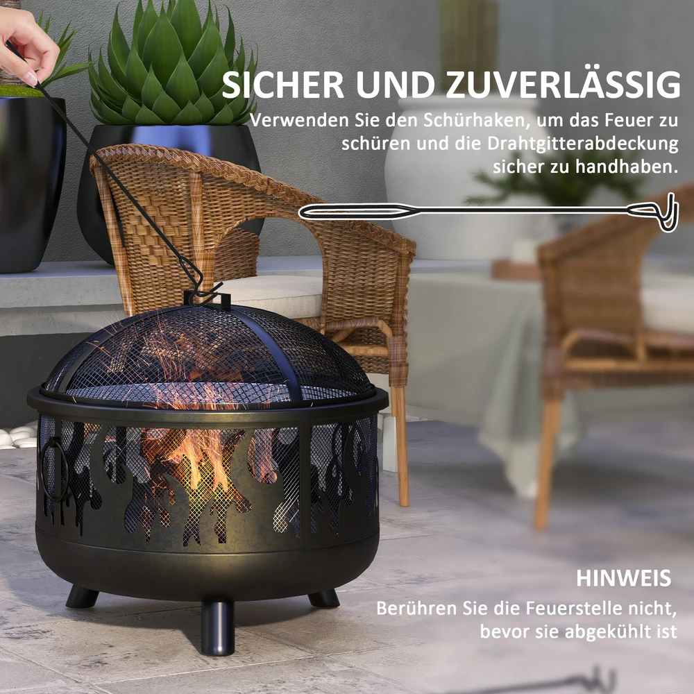 Outsunny 2-in-1 laužavietė, kepsninė su apsauga nuo žiežirbų ir grotelėmis, skirta sodui, BBQ, metalinė, juoda, Ø61x55cm