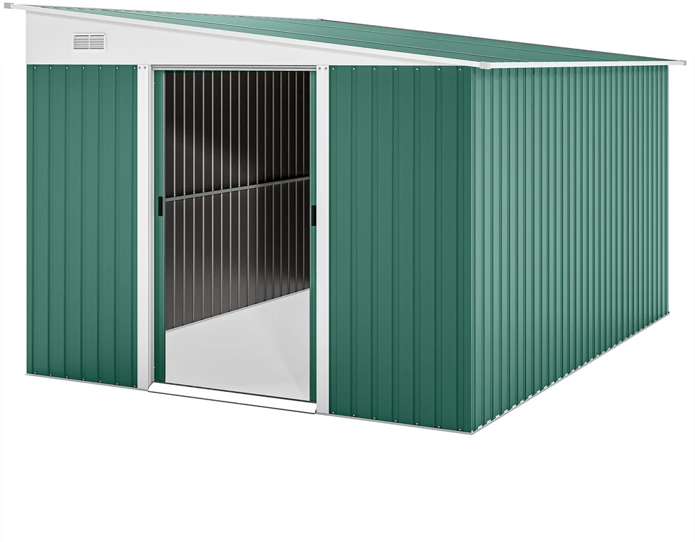 Outsunny metalinis sodo namelis su šlaitiniu stogu, rakinamomis dvigubomis durimis, 2,8 x 3,45 x 2,01 m, žalias