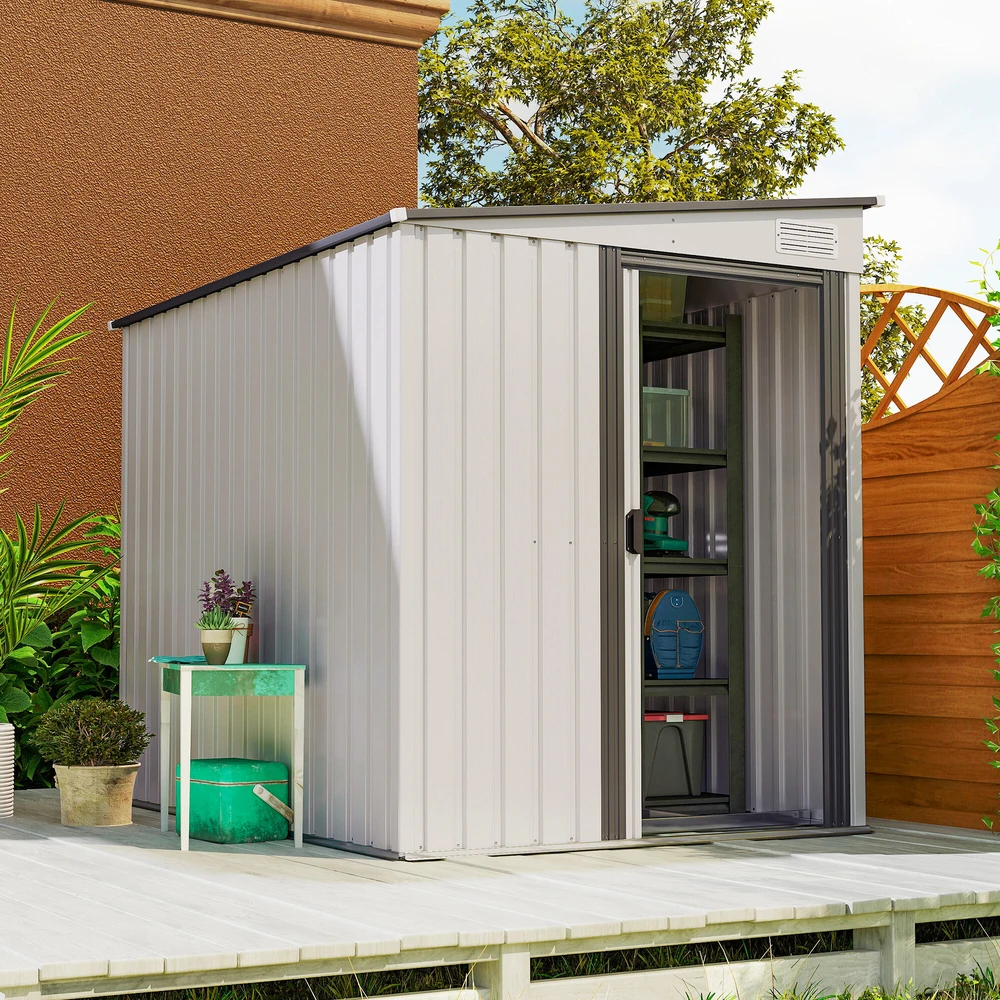 Outsunny metalinis sodo namelis 2,81 m² 154x206,5x181 cm įrankių namelis su vienšlaičiu stogu ir pamatu