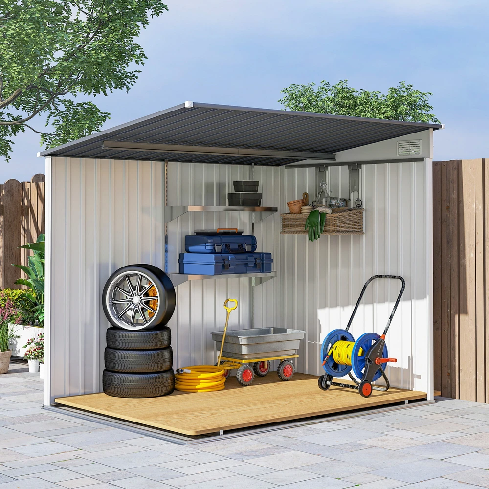 Outsunny metalinis sodo namelis 2,81 m² 154x206,5x181 cm įrankių namelis su vienšlaičiu stogu ir pamatu