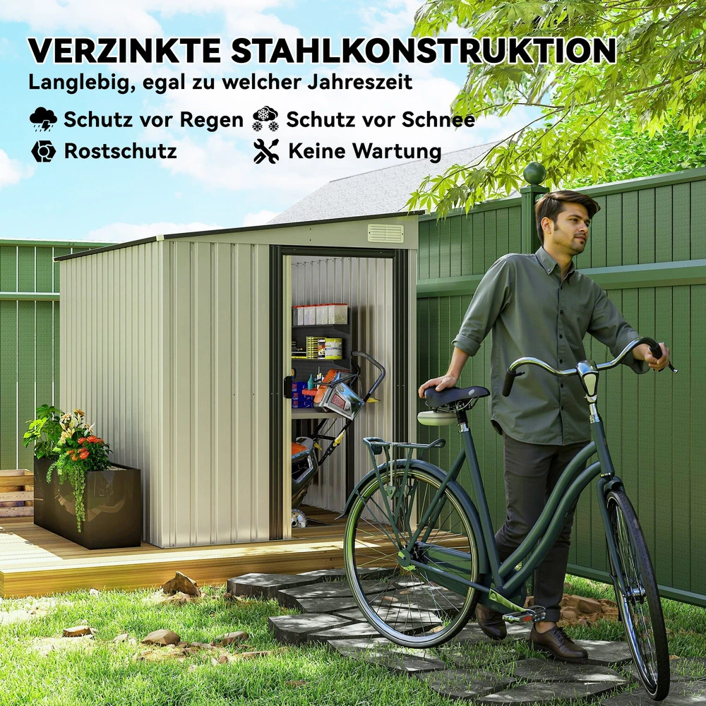 Outsunny metalinis sodo namelis 2,81 m² 154x206,5x181 cm įrankių namelis su vienšlaičiu stogu ir pamatu