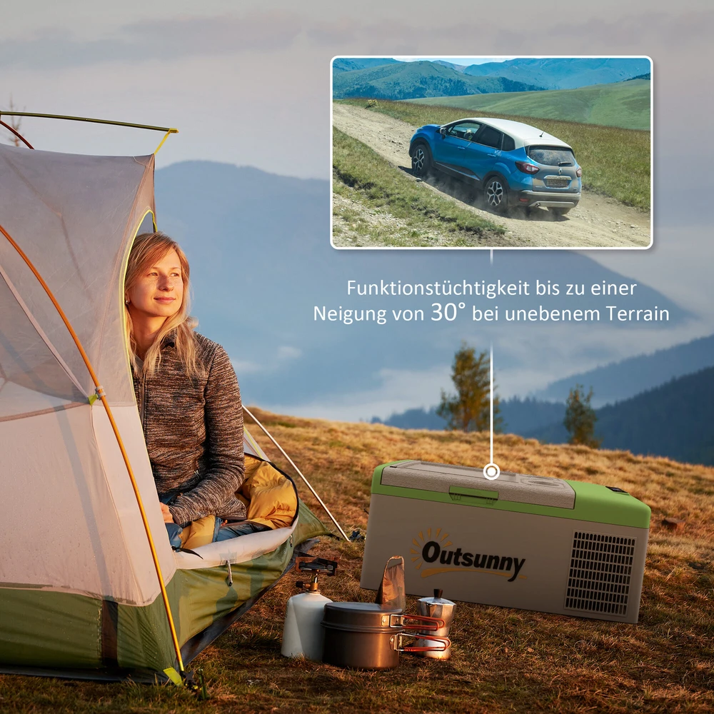 Outsunny kompresorinis šaldytuvas 16 l, automobilinis šaldytuvas 12/24 V DC ir 100-240 V AC, iki -20 °C, nešiojama šaldymo dėžė su MAX/ECO režimais, mini šaldytuvas stovyklavimui, sunkvežimiui, valčiai, kemperiui ir elektros lizdui