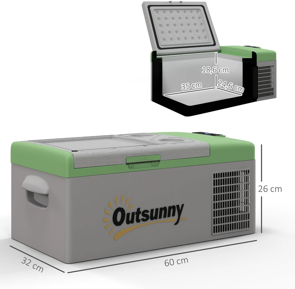 Outsunny kompresorinis šaldytuvas 16 l, automobilinis šaldytuvas 12/24 V DC ir 100-240 V AC, iki -20 °C, nešiojama šaldymo dėžė su MAX/ECO režimais, mini šaldytuvas stovyklavimui, sunkvežimiui, valčiai, kemperiui ir elektros lizdui