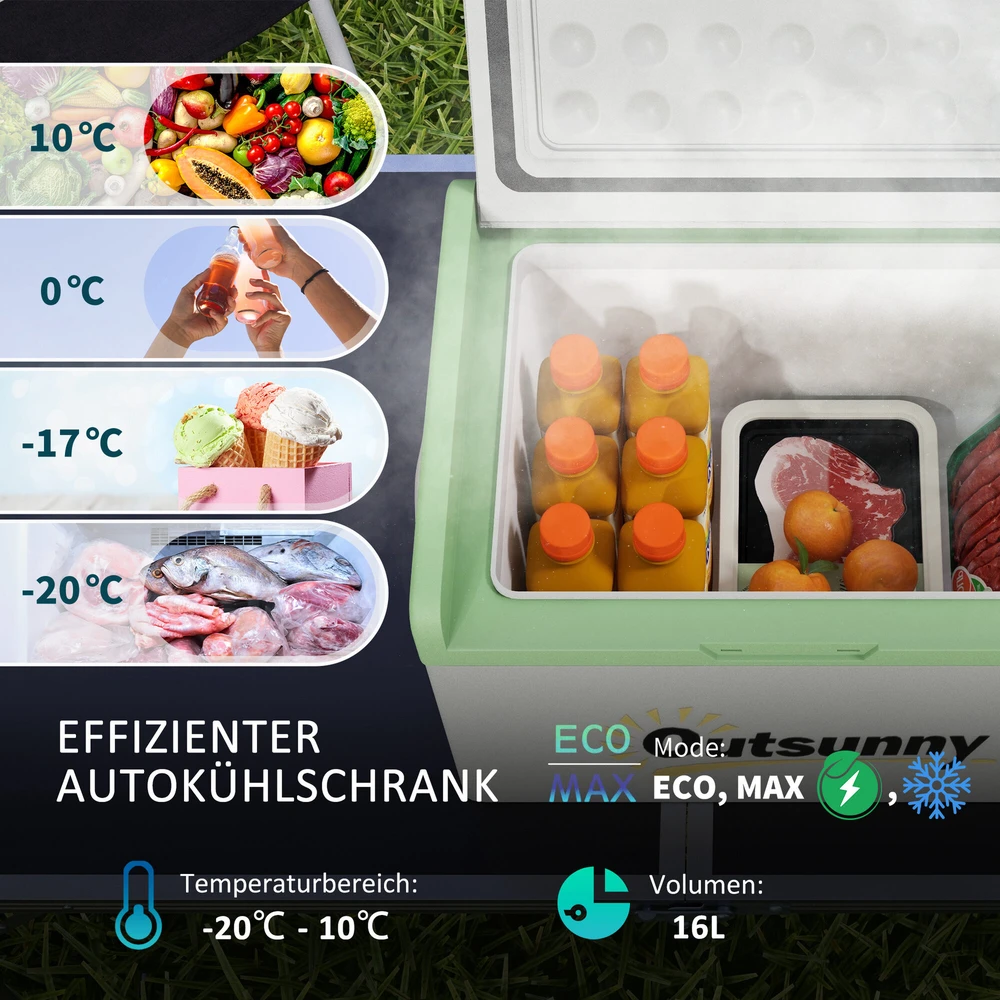 Outsunny kompresorinis šaldytuvas 16 l, automobilinis šaldytuvas 12/24 V DC ir 100-240 V AC, iki -20 °C, nešiojama šaldymo dėžė su MAX/ECO režimais, mini šaldytuvas stovyklavimui, sunkvežimiui, valčiai, kemperiui ir elektros lizdui