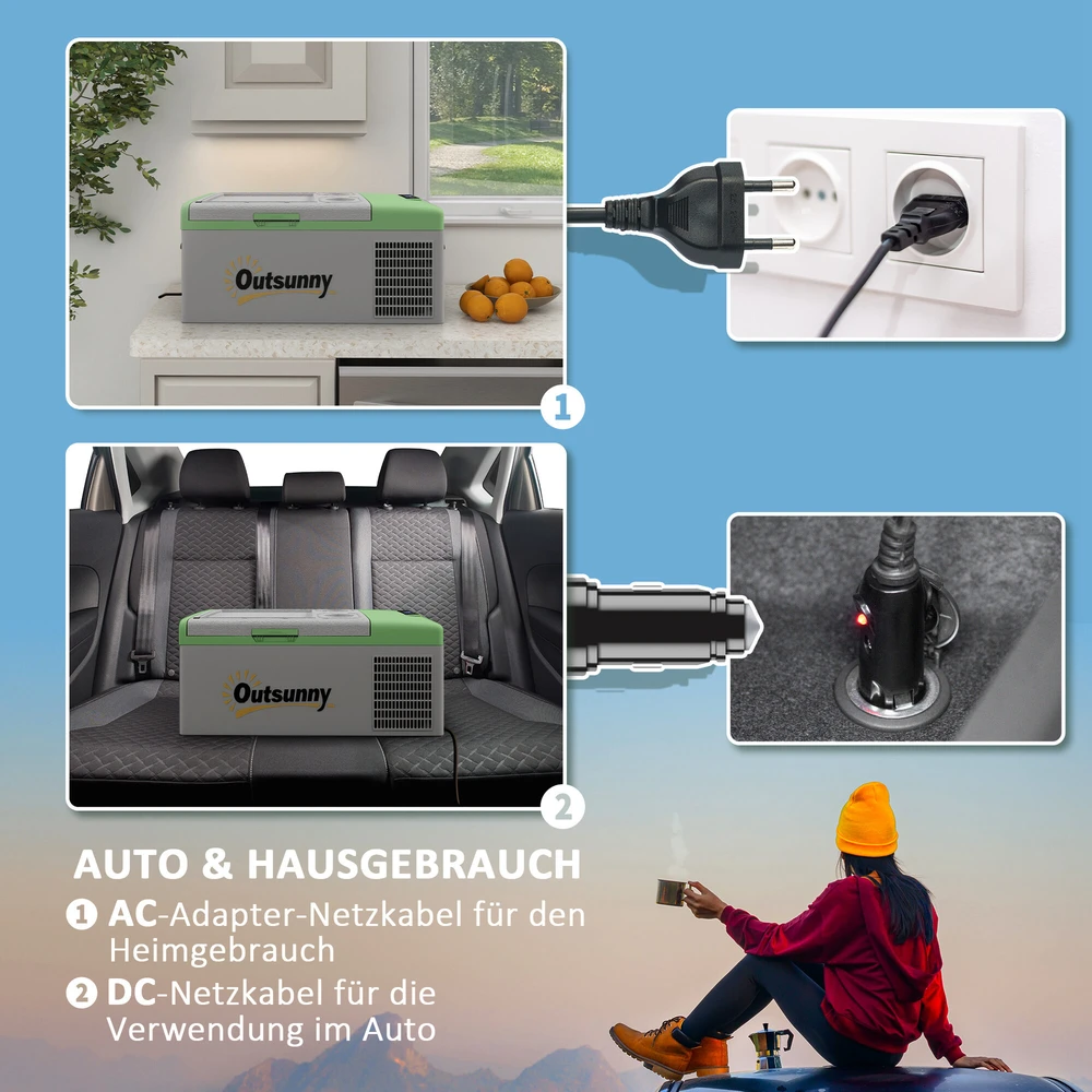 Outsunny kompresorinis šaldytuvas 16 l, automobilinis šaldytuvas 12/24 V DC ir 100-240 V AC, iki -20 °C, nešiojama šaldymo dėžė su MAX/ECO režimais, mini šaldytuvas stovyklavimui, sunkvežimiui, valčiai, kemperiui ir elektros lizdui