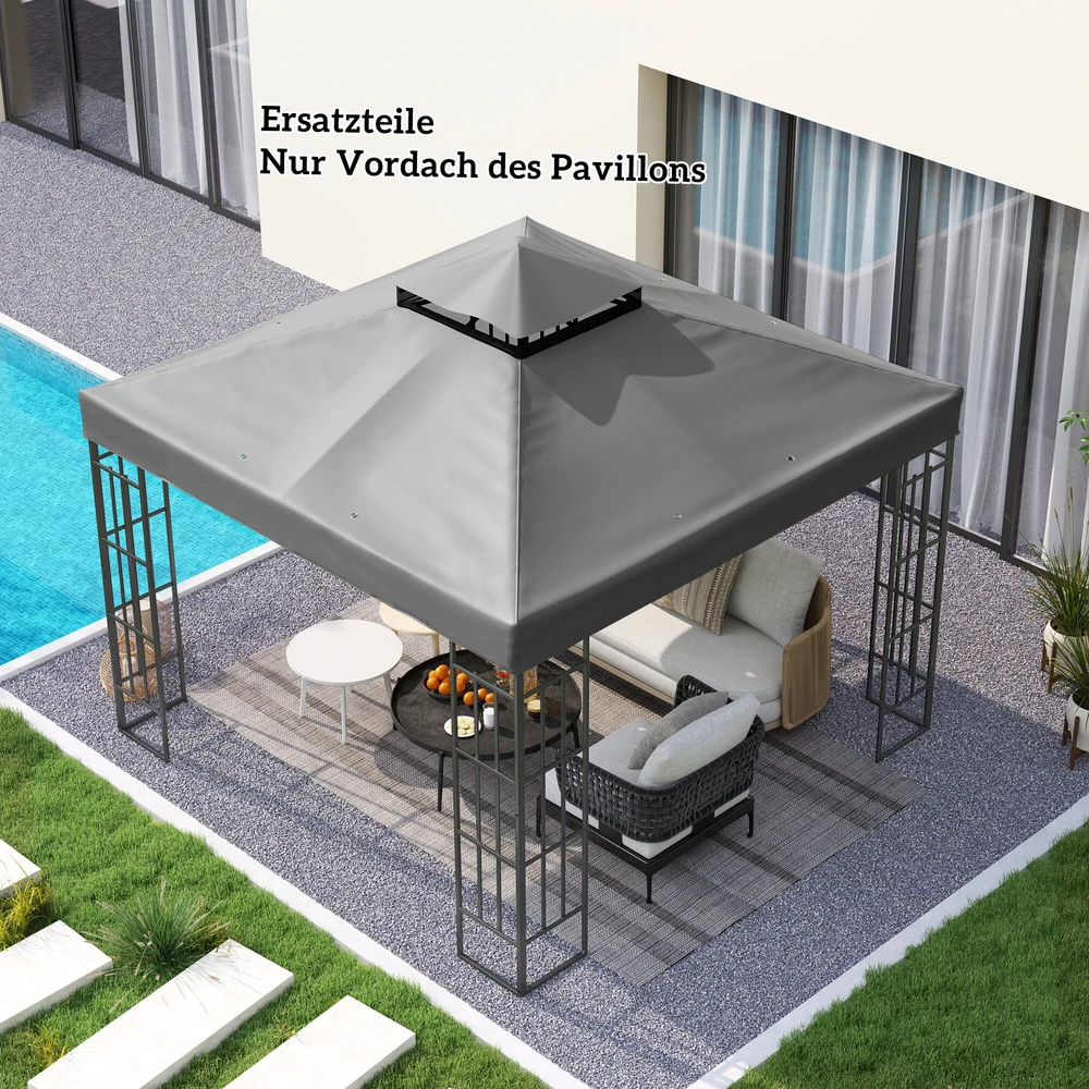 Atsarginis stogas Outsunny pavėsinei 3 x 3 m, vandeniui atsparus pavėsinės stogas, dvigubas atsarginis uždangalas sodo pavėsinei, atsarginės dalys iš Oksfordo audinio, 370 g/m², tamsiai pilkas