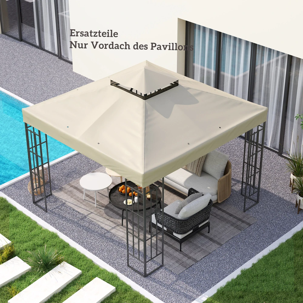 „Outsunny“ atsarginis stogas paviljono 3 x 3 m, vandeniui atsparus paviljono stogas, dvigubo stogo atsarginis uždangalas sodo paviljonui, „Oxford“ audinio atsarginės dalys, 370 g/m², kreminės baltos spalvos