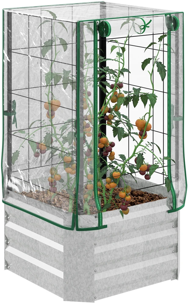 Outsunny Pakeliamų lysvių rinkinys, sodinimo dėžė su plastikiniu dangčiu ir atrama vijokliniams augalams, 53x53x90 cm