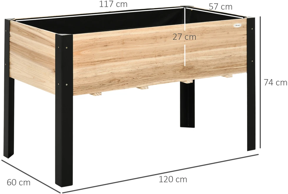 Outsunny aukšta lysvė, didelis medinis ir plieno vazonas, 120x60x74cm, natūrali ir juoda spalva