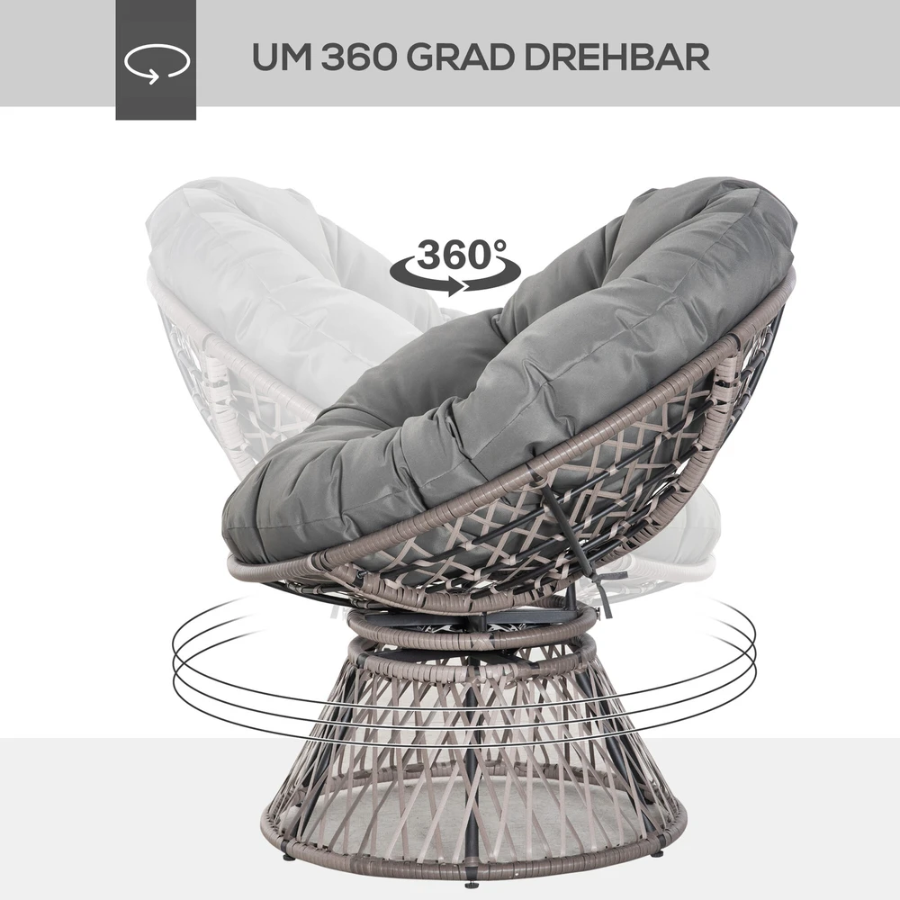 Lauko baldų komplektas "Outsunny" papasano fotelis Pintas fotelis fotelis su pagalvėle 360 laipsnių rotango pilkos spalvos W87 x D97 x H86 cm