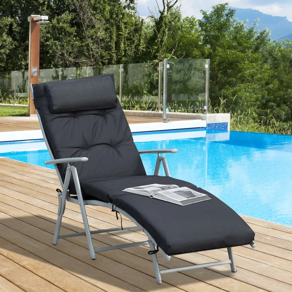 Outsunny sulankstomas reguliuojamas gultas, sodo gultas su pagalve, metalas, audinys, juodas, 137x63,5x100,5 cm