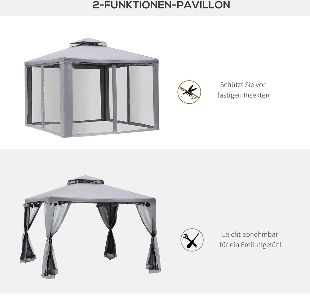 Outsunny sodo pavėsinė, sodo palapinė, vakarėlių palapinė su 4 šoninėmis sienelėmis, atspari oro sąlygoms, metalas, poliesteris, šviesiai pilka, 3 x 3 x 2,6 m