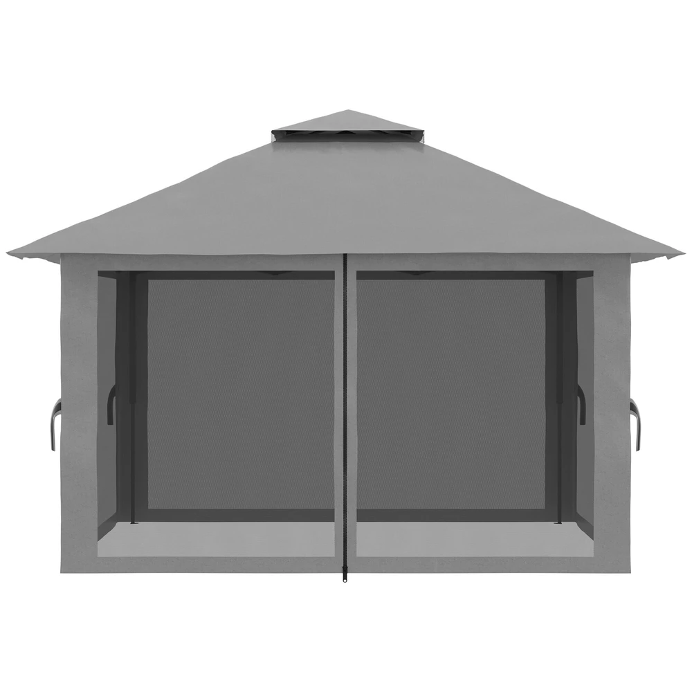 Outsunny sulankstomas paviljonas 4x4m, „pop-up“ sodo palapinė su apsauga nuo UV spindulių ir tinklelio sienelėmis, dvigubu stogu, tamsiai pilka
