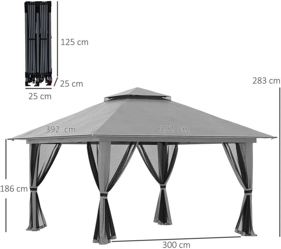 Outsunny sulankstomas paviljonas 4x4m, „pop-up“ sodo palapinė su apsauga nuo UV spindulių ir tinklelio sienelėmis, dvigubu stogu, tamsiai pilka