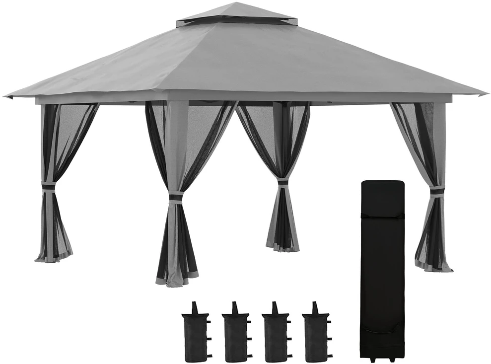 Outsunny sulankstomas paviljonas 4x4m, „pop-up“ sodo palapinė su apsauga nuo UV spindulių ir tinklelio sienelėmis, dvigubu stogu, tamsiai pilka