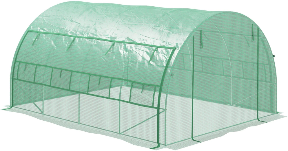 Outsunny polietileninis šiltnamis, tunelinis 3,97x3x2m, erdvus, apsauga nuo UV, pakeliamos dangos, plienas, žalias