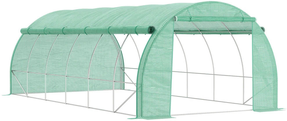 Outsunny plėvelinis šiltnamis, polietileno tunelis, 6x3x2 m, erdvus, su UV apsauga, pakeliamais šonais, plieno rėmas, žalias