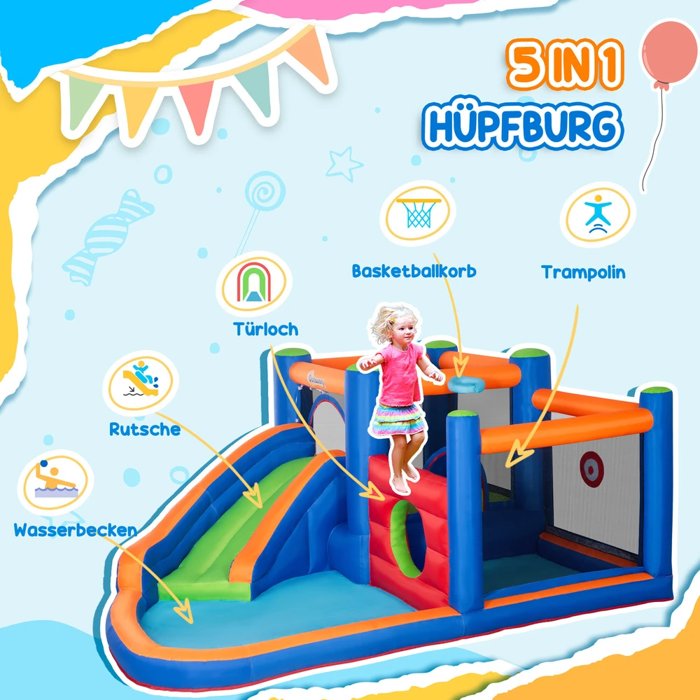 Pripučiamas batutas Outsunny, vandens parkas su pūstuvu, vandens čiuožykla, krepšinio lankas, pripučiamas žaidimų centras nuo 3 metų, batutas