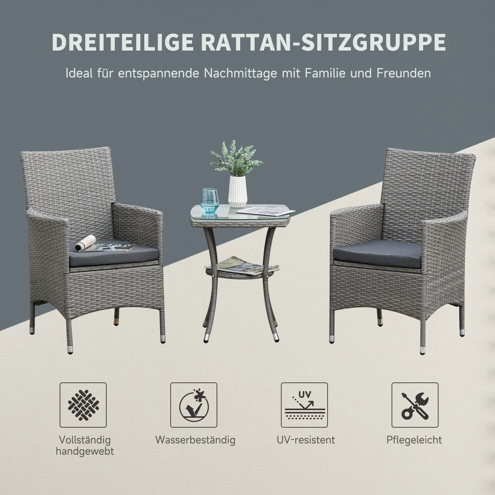 Lauko baldų komplektas „Outsunny“ rotango sodo baldų komplektas su šoniniu staliuku, bistro rinkinys, 3 dalių, balkono baldų rinkinys, rotango sodo komplektas, sėdimųjų baldų komplektas, polirotangas ir plienas, 60x58,5x89,5 cm