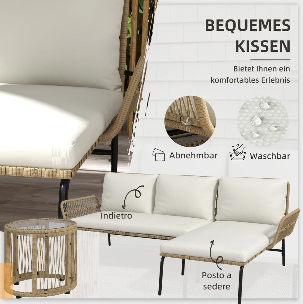 Lauko baldų komplektas Outsunny Rotango sodo baldų komplektas, sodo baldų rinkinys su gultu, kavos staliuku, dviviete sofa ir sėdynės pagalvėlėmis, kreminės spalvos