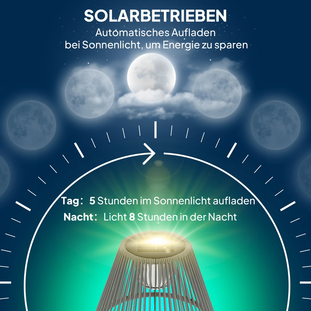 Outsunny saulės energija varomas pastatomas šviestuvas, rotango stiliaus, su šviesos jutikliu, 25 šviesos diodai, automatinis, Boho stiliaus, IP44 atsparus vandeniui lauko šviestuvas sodui, balkonui, kiemui, Ø33x135 cm