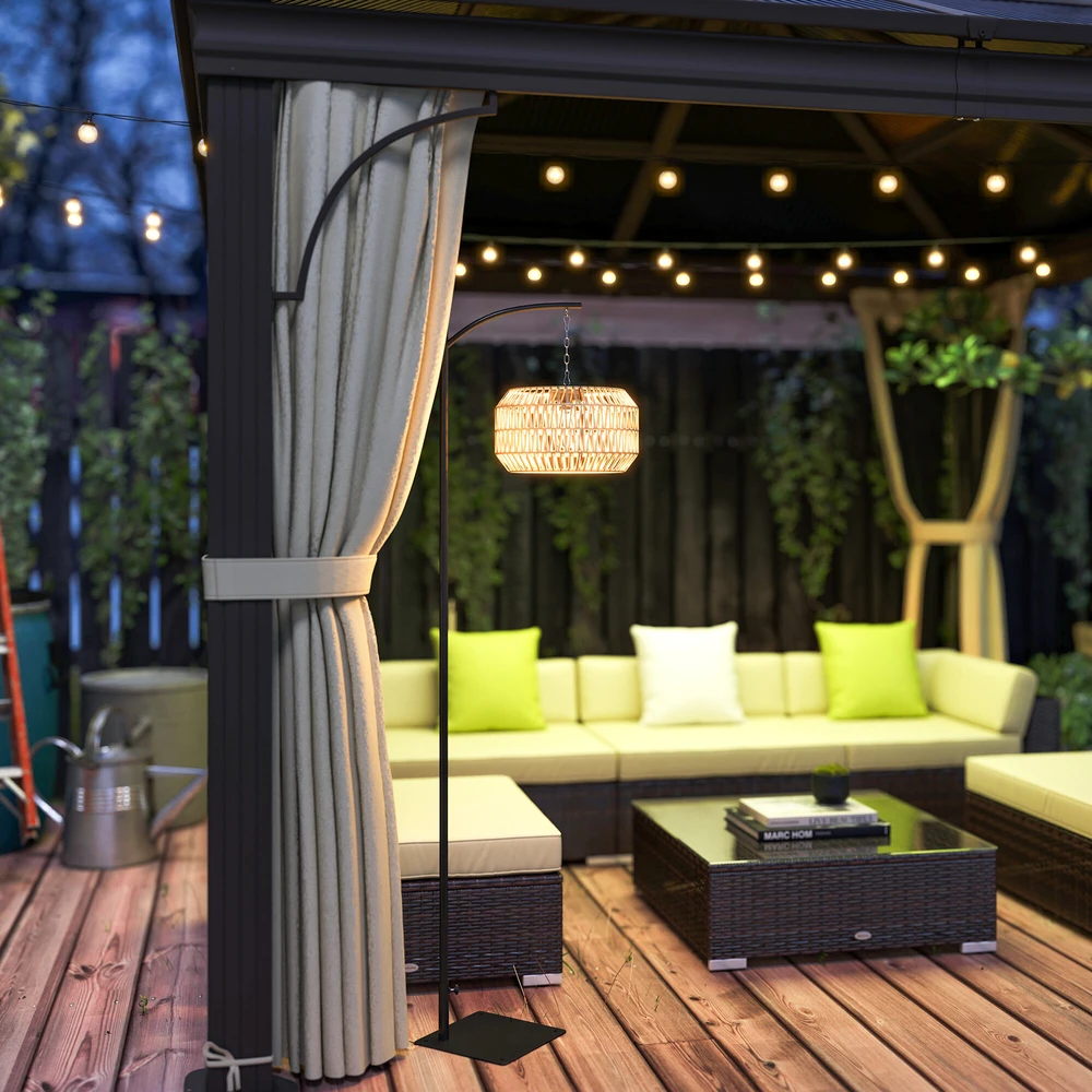 Outsunny saulės energija varoma rotango grindų lempa, saulės šviestuvai su šviesos jutikliu, automatinis boho stiliaus saulės šviestuvas, IP44 atsparus vandeniui, lauko žibintas sodui, balkonui, kiemui