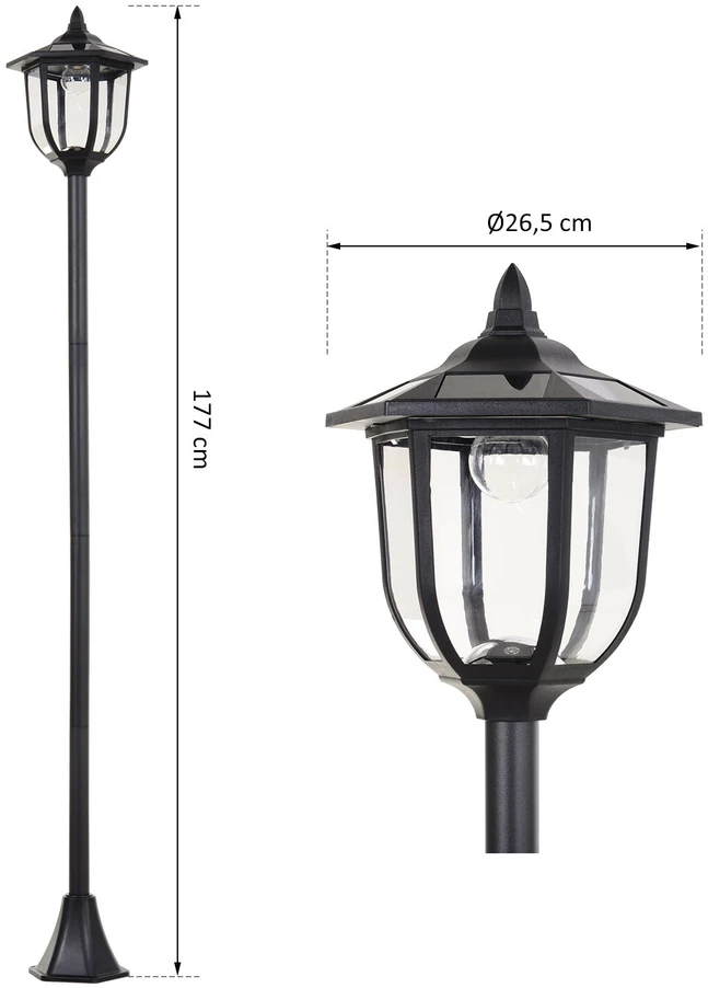 Outsunny saulės energija veikiantis sodo šviestuvas, LED sodo žibintas su 30/60 liumenų, plastikas, juodas, Ø26,5 x A177 cm