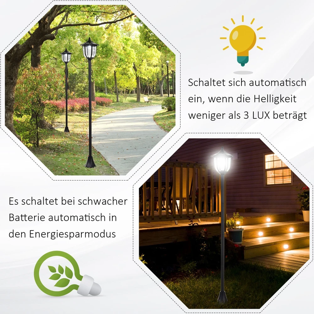 Outsunny saulės energija veikiantis sodo šviestuvas, LED sodo žibintas su 30/60 liumenų, plastikas, juodas, Ø26,5 x A177 cm