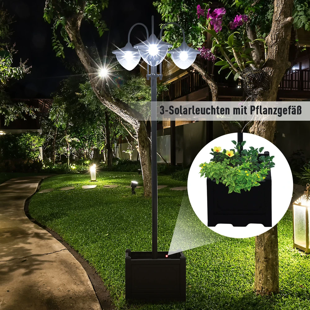 Outsunny saulės energija veikiantis sodo šviestuvas, 3 lempų galvučių šviestuvas su vazono pagrindu, atsparus vandeniui, nerūdijantis plienas, 60x55x189 cm