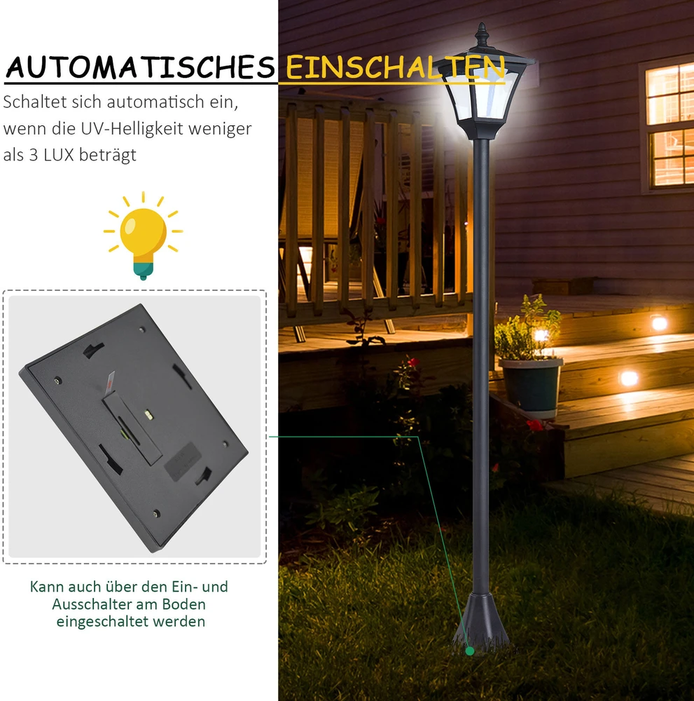 Outsunny saulės energija maitinamas sodo žibintas, lauko šviestuvas su LED, 10 liumenų, juodas, 15 x 15 x 120 cm