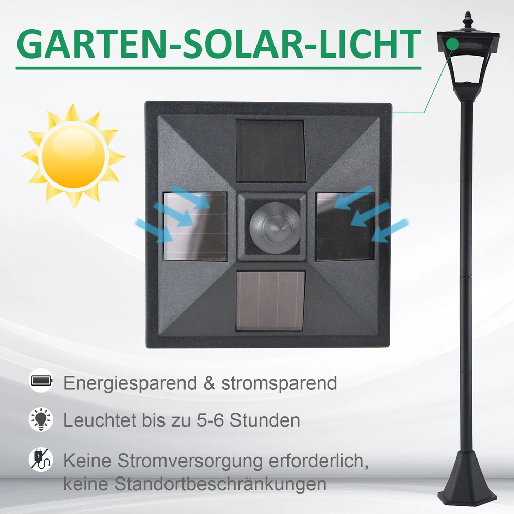 Outsunny saulės energija maitinamas sodo žibintas, lauko šviestuvas su LED, 10 liumenų, juodas, 15 x 15 x 120 cm