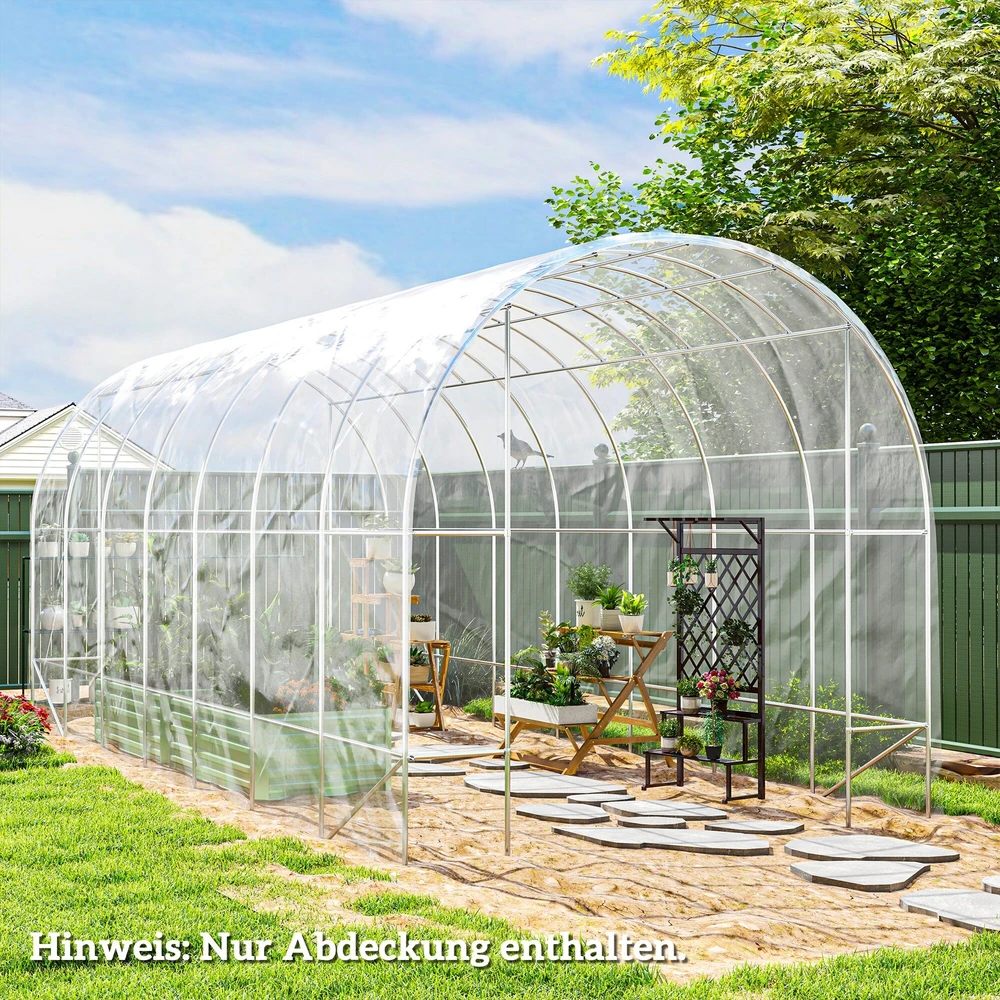 Outsunny šiltnamio plėvelė 7x8 m, vandeniui atspari sodo plėvelė su apsauga nuo UV spindulių, itin stora, plyšimui atspari plastikinė plėvelė, dengiamasis tentas šiltnamiams, tunelinė plėvelė lauko darbams, skaidri