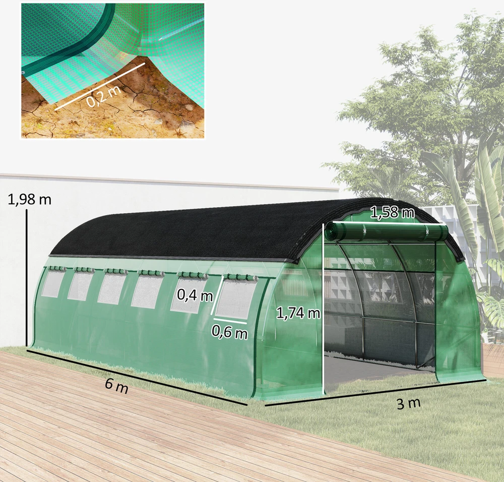 Outsunny 6 x 3 x 2 m plėvelinis šiltnamis su 12 langų, roletinėmis durimis, pakeliamomis sienelėmis, UV spinduliams atsparus arkinis šiltnamis, žieminis pomidorų namelis su žemės inkariniais laikikliais, žalias