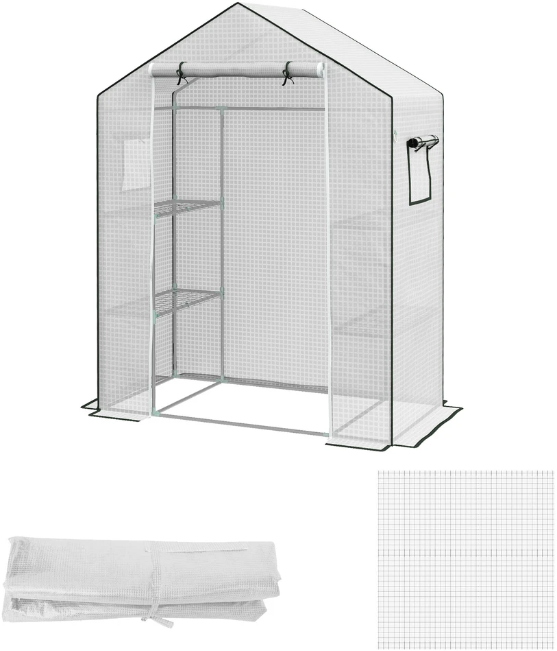 Outsunny atsarginė PE plėvelė, pakaitinis uždangalas su UV apsauga, susukamos durys, šoniniai langai, šiltnamio plėvelė, pomidorų nameliui, 140 x 73 x 190 cm, balta