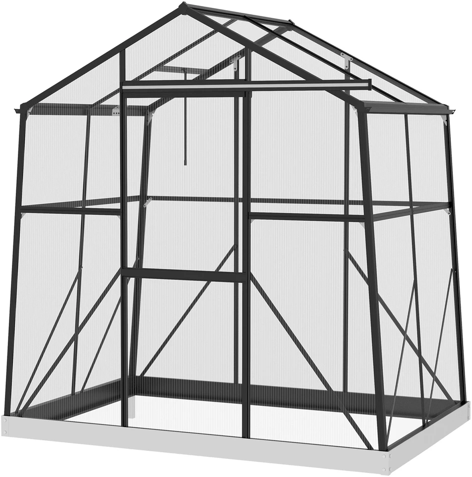 Outsunny aliuminis šiltnamis, 2,51 m², su langu, stumdomomis durimis ir pamatu, juodas, 131x192x203cm